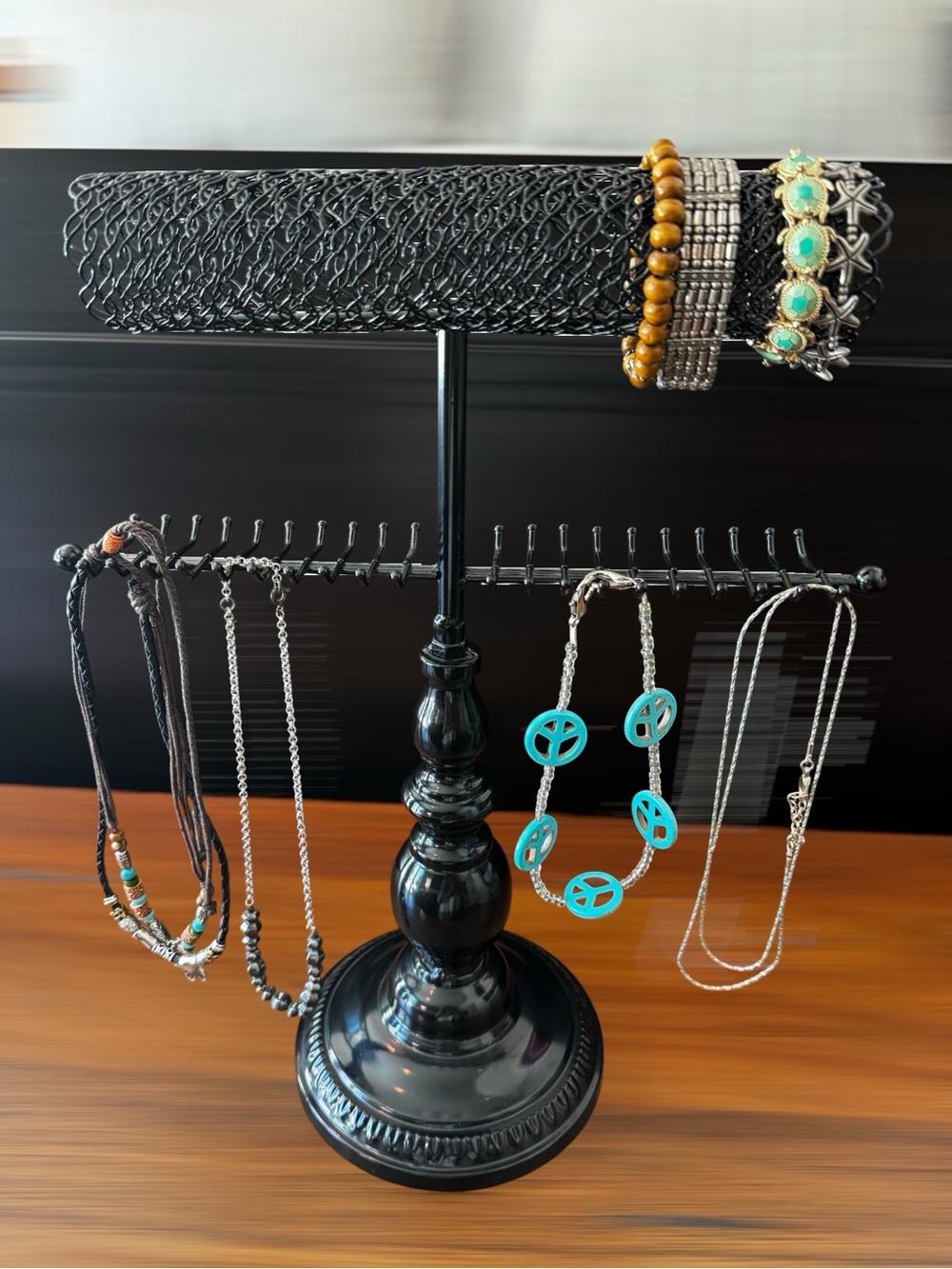 Two Tiered Vintage Style Black Metal Jewelry Stand with Multi-Arm Hooks - Picture 2 of 8